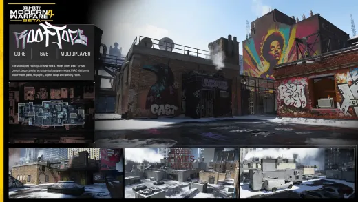 Official MW4 map card for Rooftops showing the snowy New York hotel rooftops and its minimap