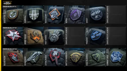 Official MW4 beta Perks screen showing the three Pick 3 slots with Quick Fix, Overkill, High Alert, Ninja, Ghost, Hardline, Bomb Squad, Fast Hands, Tracker, Blood Rush, Scavenger, Lethal Reach, Battle Hardened, Cold-Blooded and Combat Grid