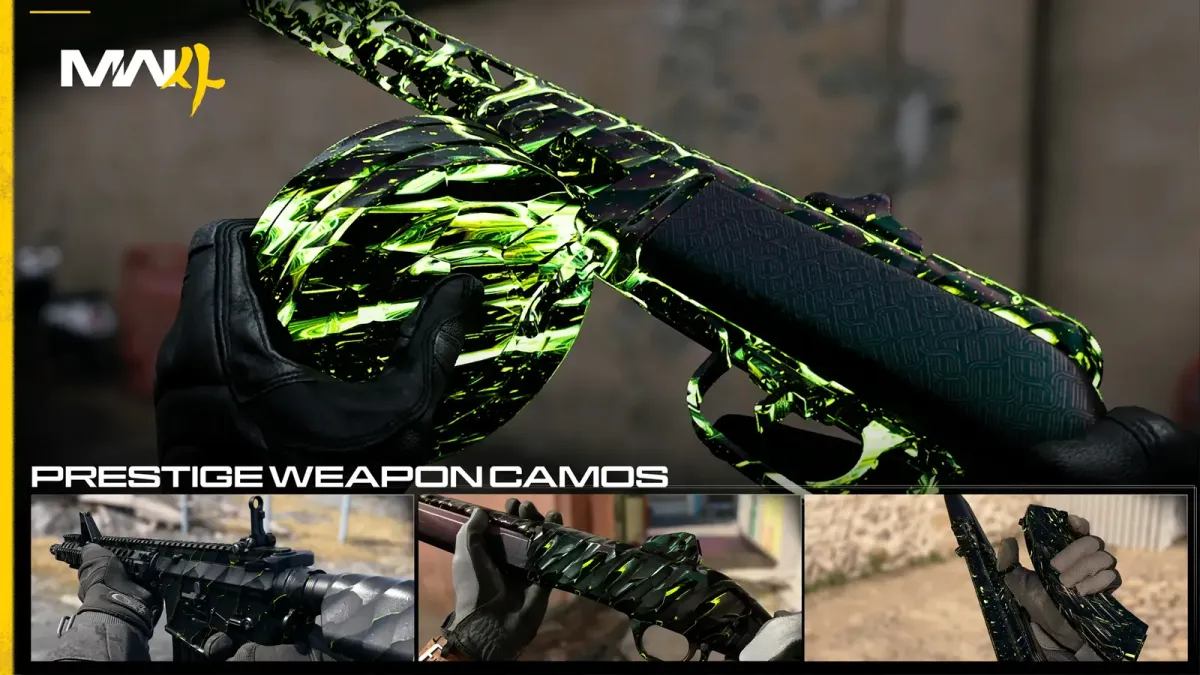 Official MW4 Prestige weapon camos showcase with a green fractured camo on an assault rifle