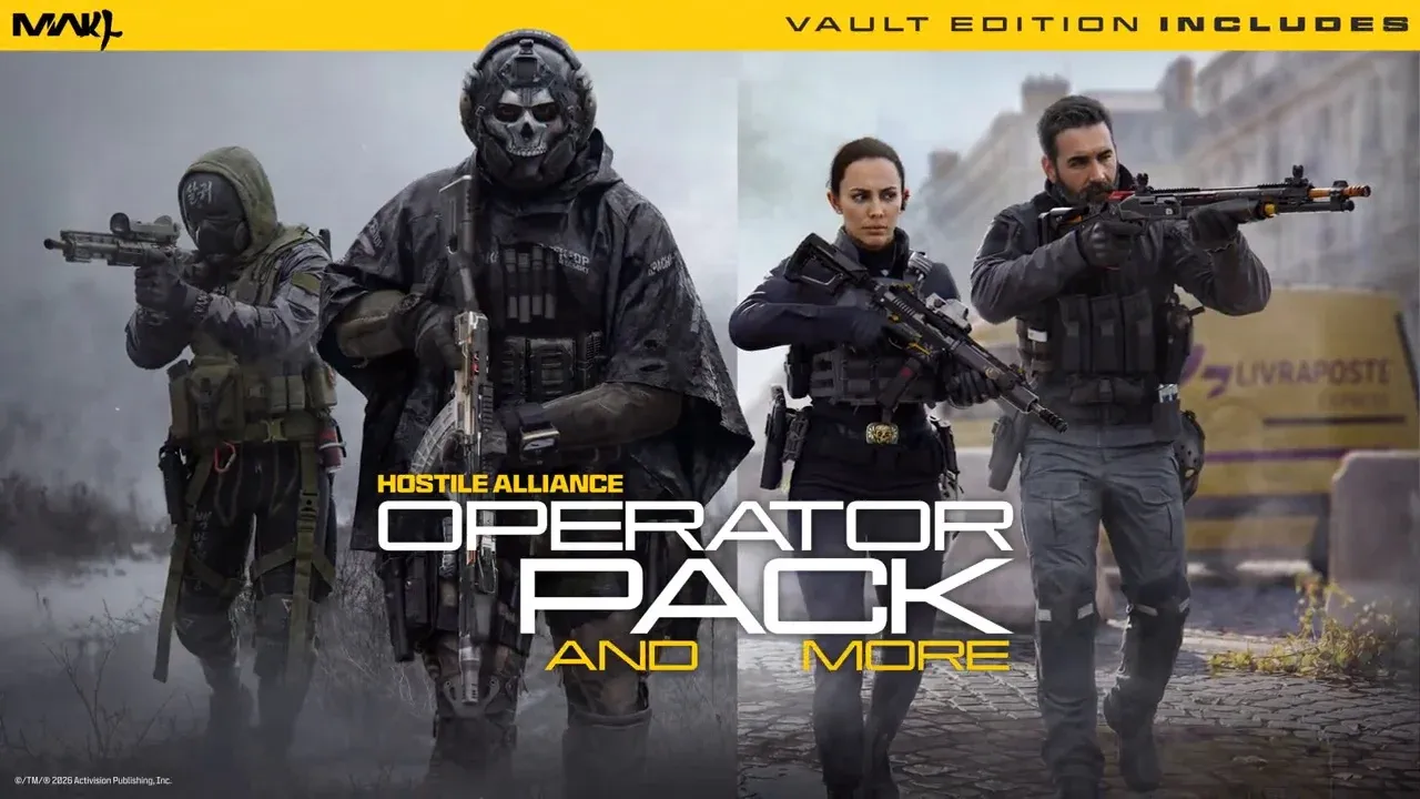 MW4 Vault Edition Hostile Alliance Operator Pack showing Ghost, Price, Valeria, and a fourth operator