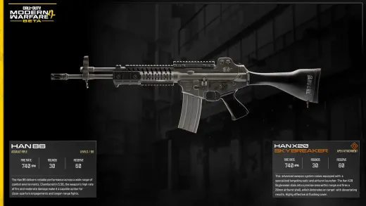 Official MW4 weapon card for the Han 86 assault rifle with its X20 Skybreaker Apex Attachment