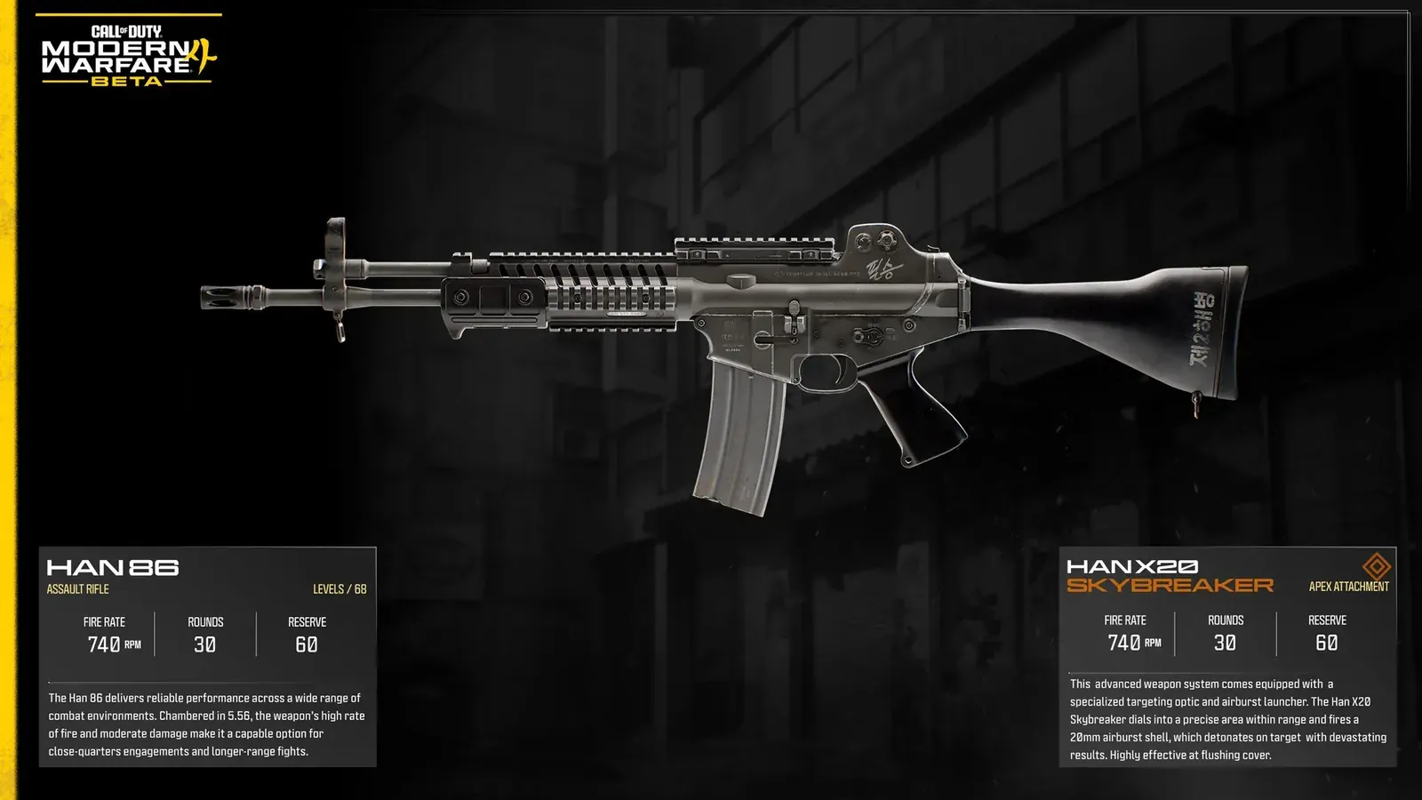 Official MW4 weapon card for the Han 86 assault rifle with its X20 Skybreaker Apex Attachment