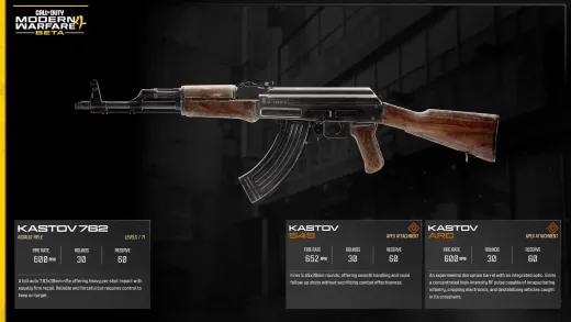 Official MW4 weapon card for the Kastov 762 assault rifle with its 545 and ARC Apex Attachments