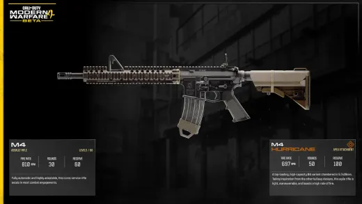 Official MW4 weapon card for the M4 assault rifle with its Hurricane Apex Attachment