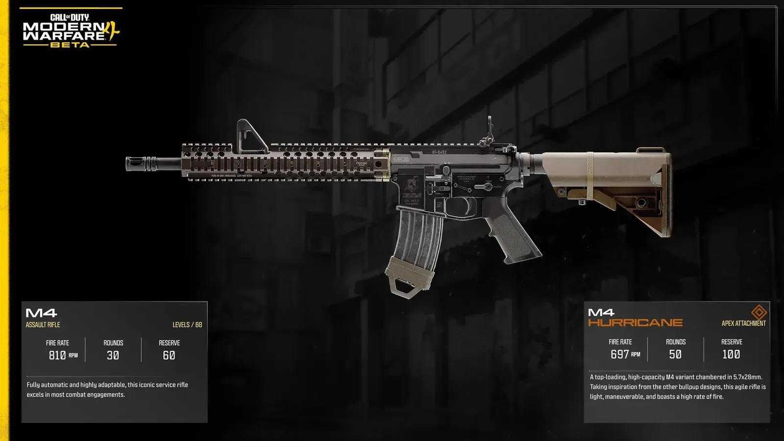 Official MW4 weapon card for the M4 assault rifle with its Hurricane Apex Attachment