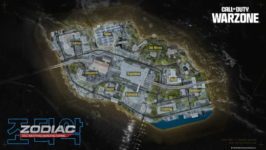 Official tactical map of Zodiac for Warzone Resurgence showing the Admin, Trackline, R&D and docks areas