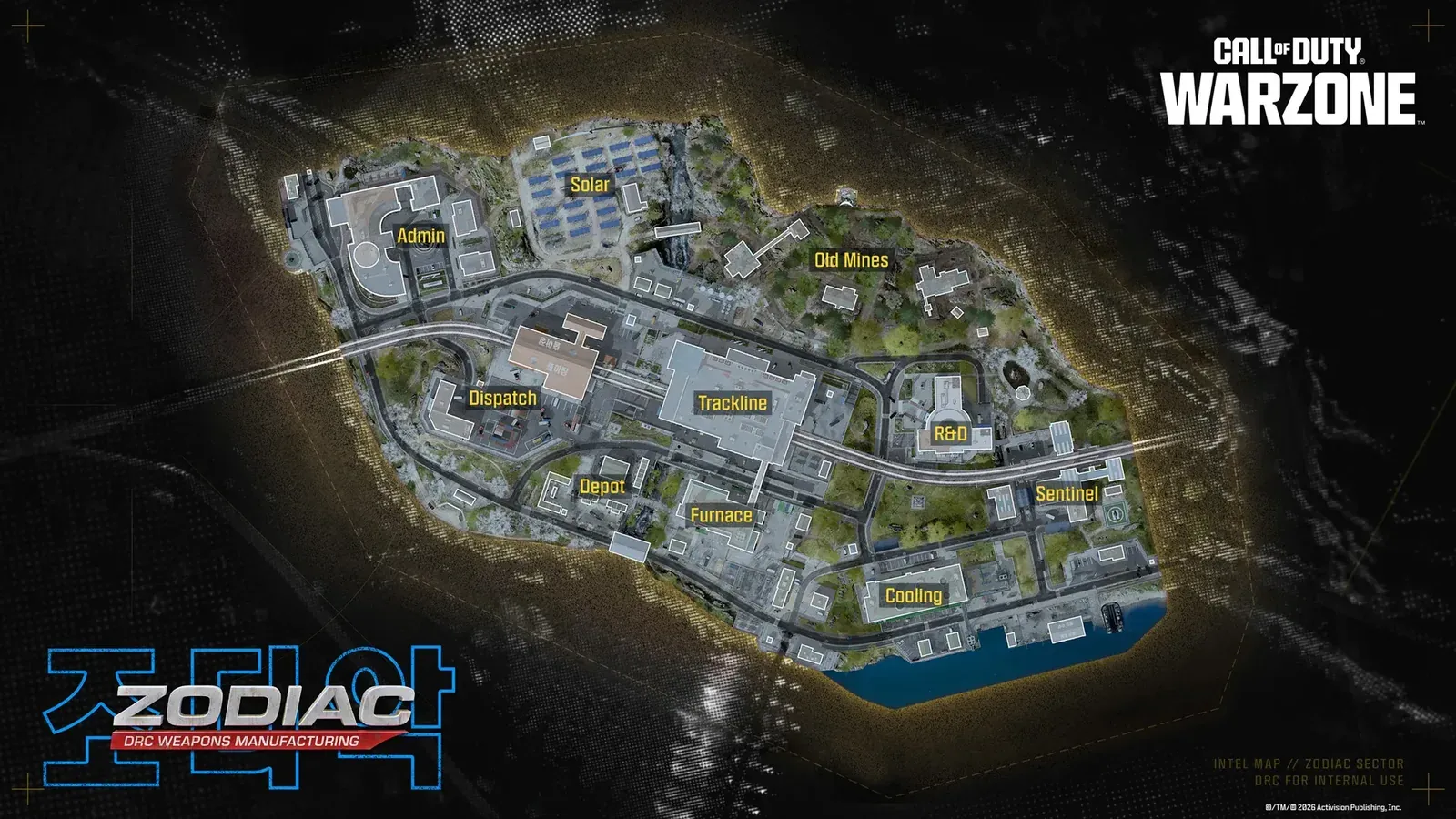 Official tactical map of Zodiac for Warzone Resurgence showing the Admin, Trackline, R&D and docks areas