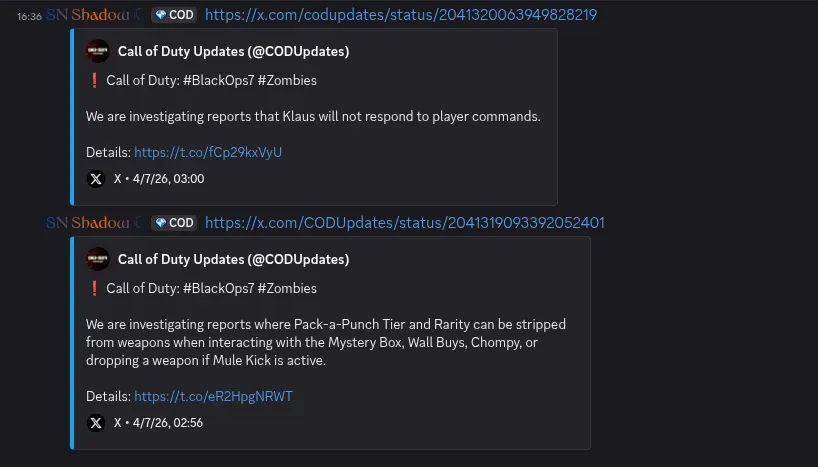 COD Central news feed showing Treyarch updates and patch notes