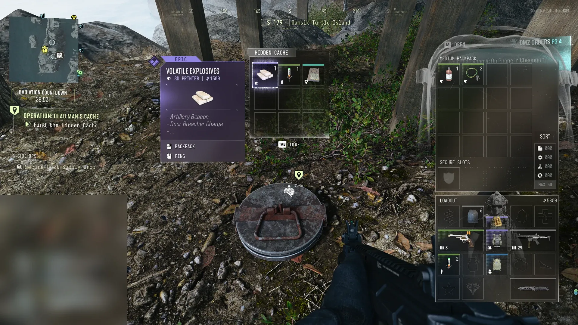 MW4 DMZ hidden cache on Oamsik Turtle Island with Volatile Explosives, an Epic 3D Printer ingredient worth 1500