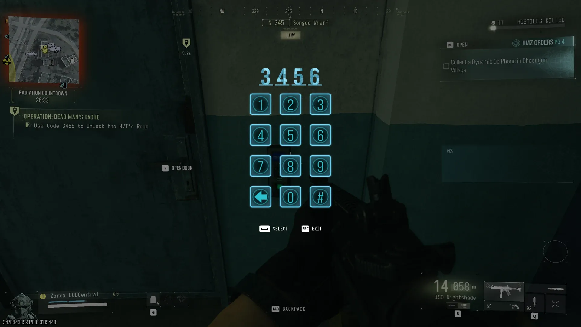 MW4 DMZ Dead Man's Cache keypad at Songdo Wharf showing code 3456 for the HVT's room