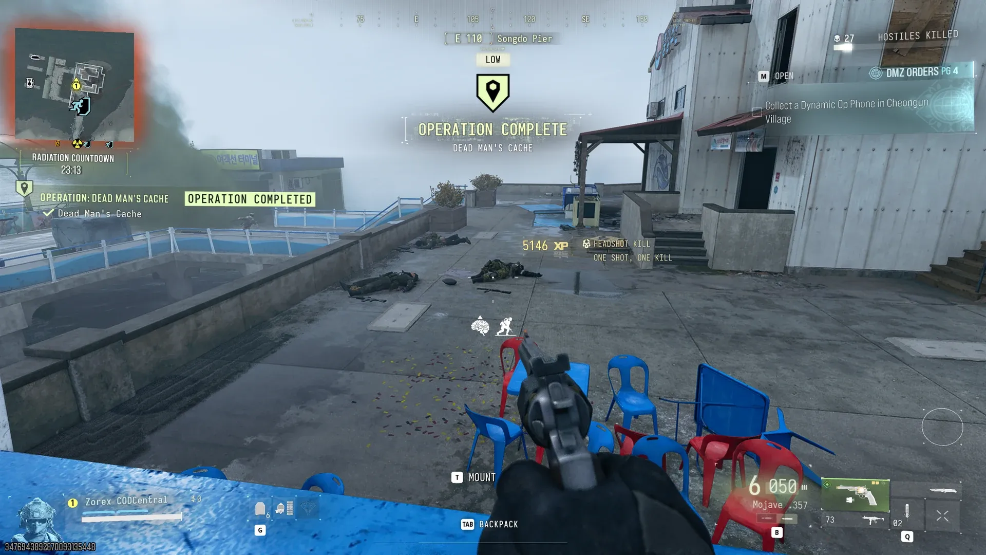 MW4 DMZ Dead Man's Cache Operation Complete banner on Songdo Pier with a 5146 XP popup