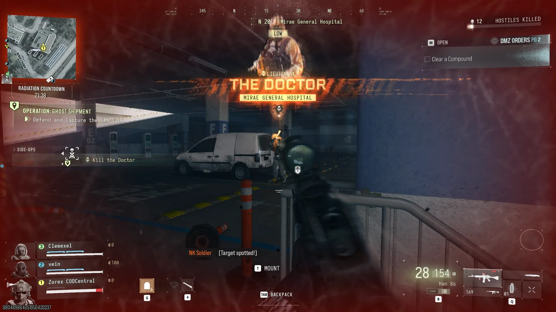 MW4 DMZ Lieutenant The Doctor banner at Mirae General Hospital with the Kill the Doctor side op during Ghost Shipment
