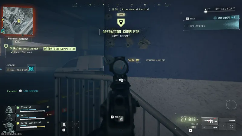 MW4 DMZ Ghost Shipment Operation Complete banner at Mirae General Hospital with 5032 XP