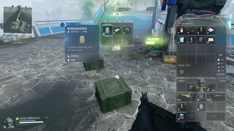 MW4 DMZ Dynamic Op reward crate, a Care Package Loot Container on Songdo Pier holding a Rare Medium Backpack after Dead Man's Cache