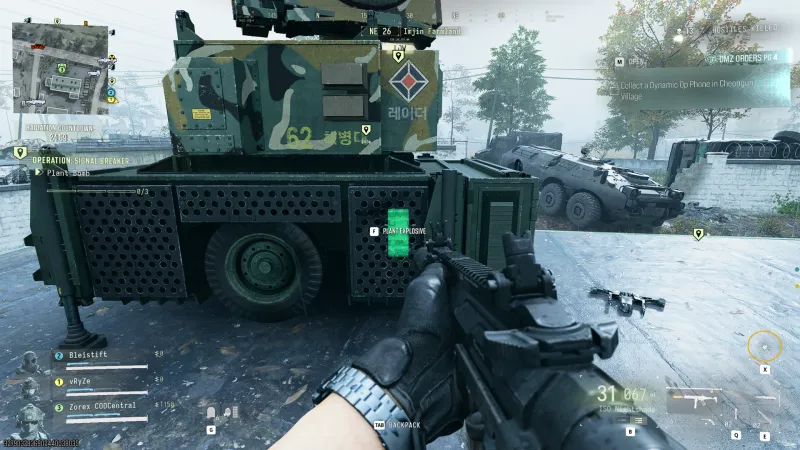 MW4 DMZ Signal Breaker Plant Bomb 0/3 prompt on the first radar truck at Imjin Farmland