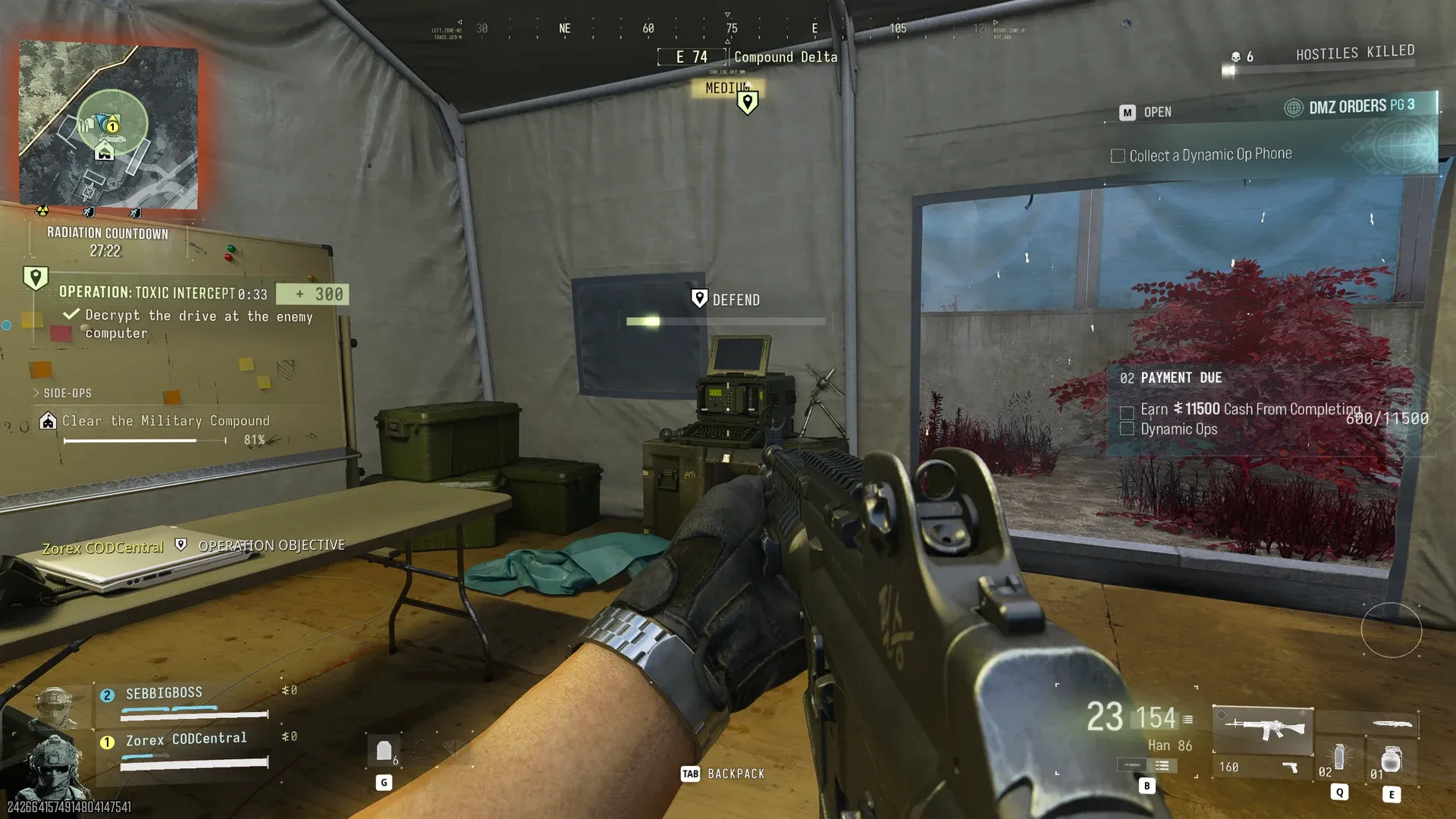 MW4 DMZ Toxic Intercept enemy computer in a Compound Delta tent with the Defend progress bar during decryption