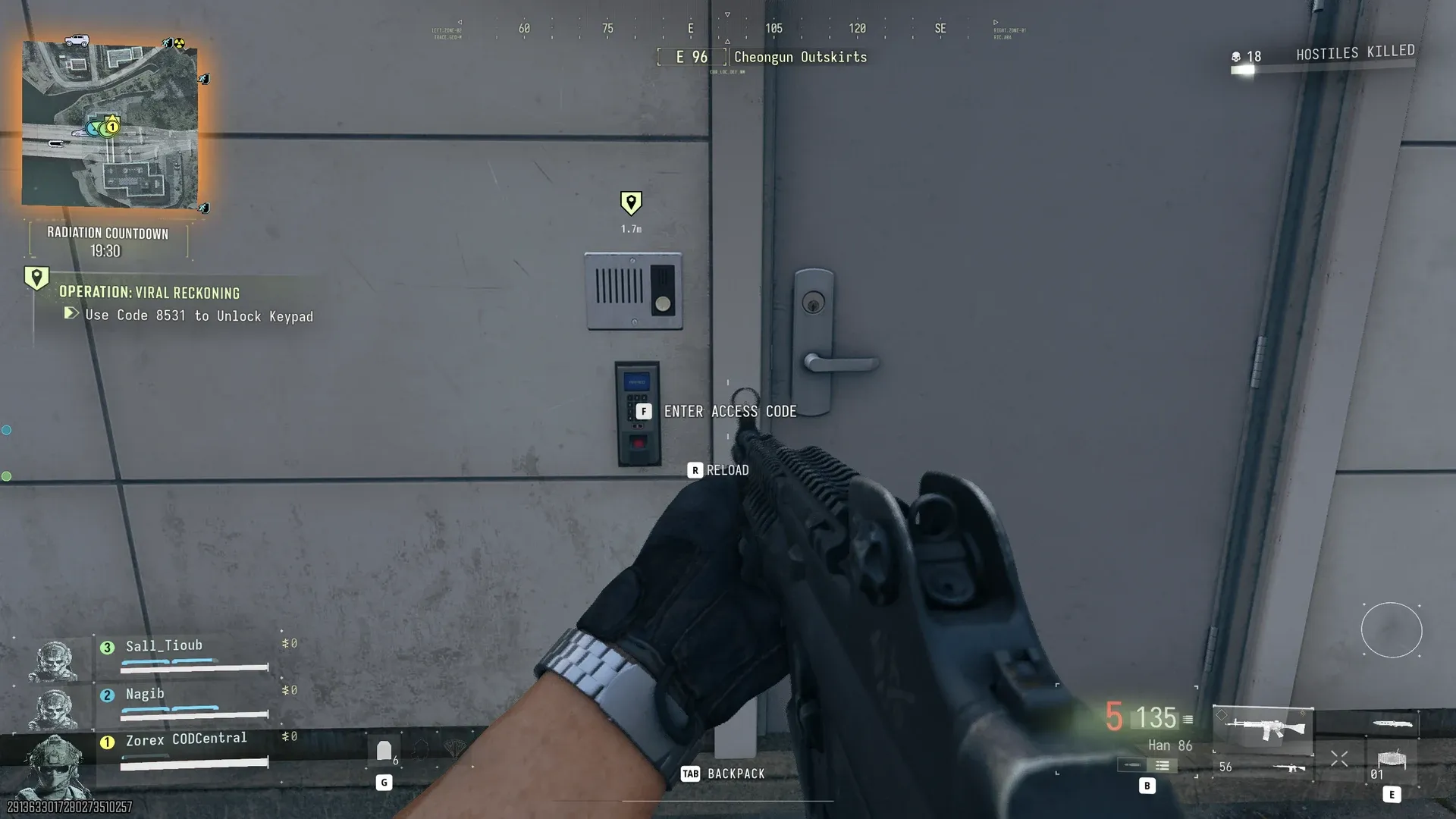 MW4 DMZ Viral Reckoning keypad door at Cheongun Outskirts with the objective to use code 8531 in our first run