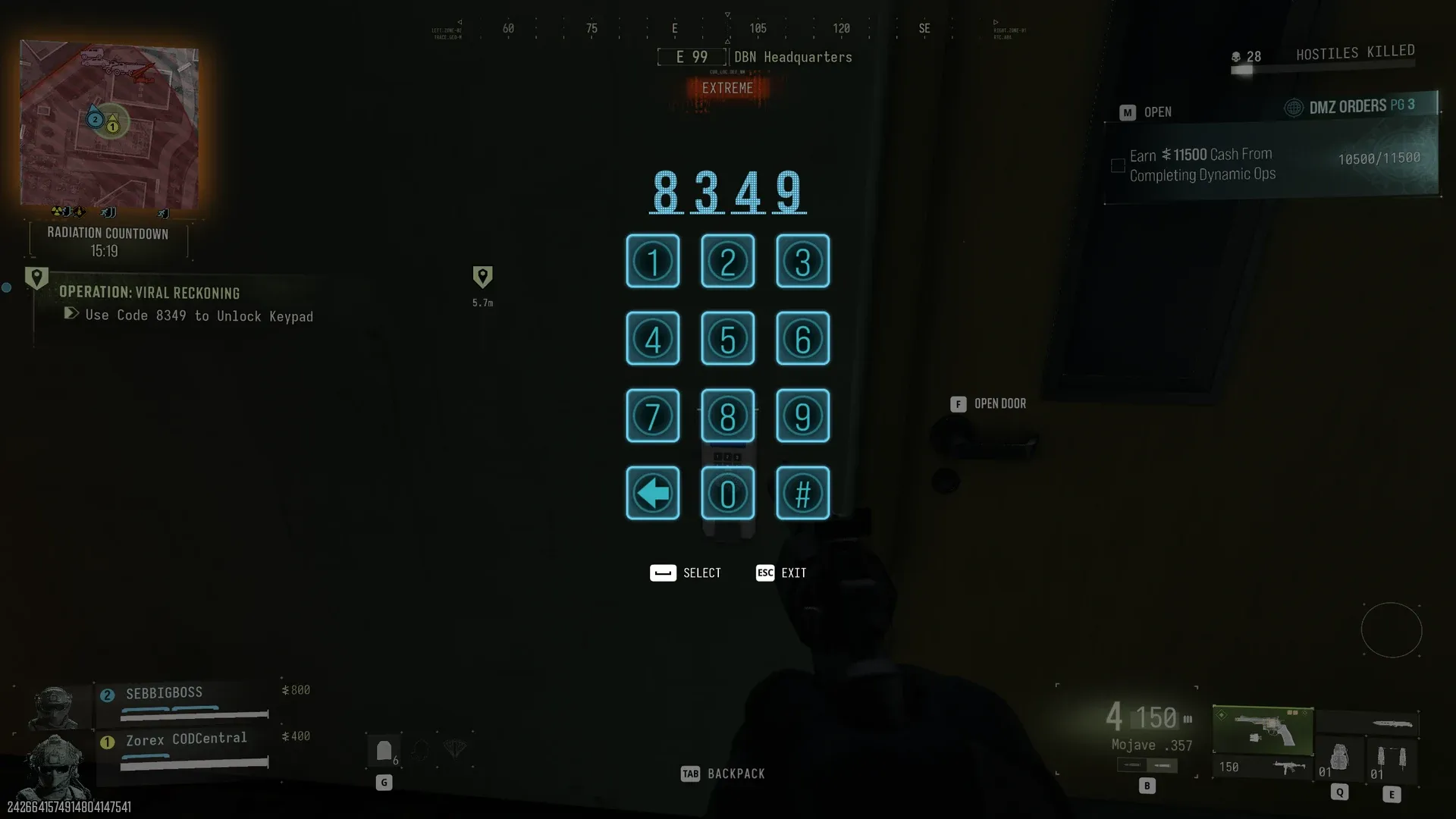 MW4 DMZ Viral Reckoning keypad in DBN Headquarters accepting code 8349 in our second run