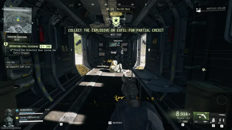 MW4 DMZ Viral Reckoning next step banner Collect the Explosive or Exfil for Partial Credit inside the exfil chopper