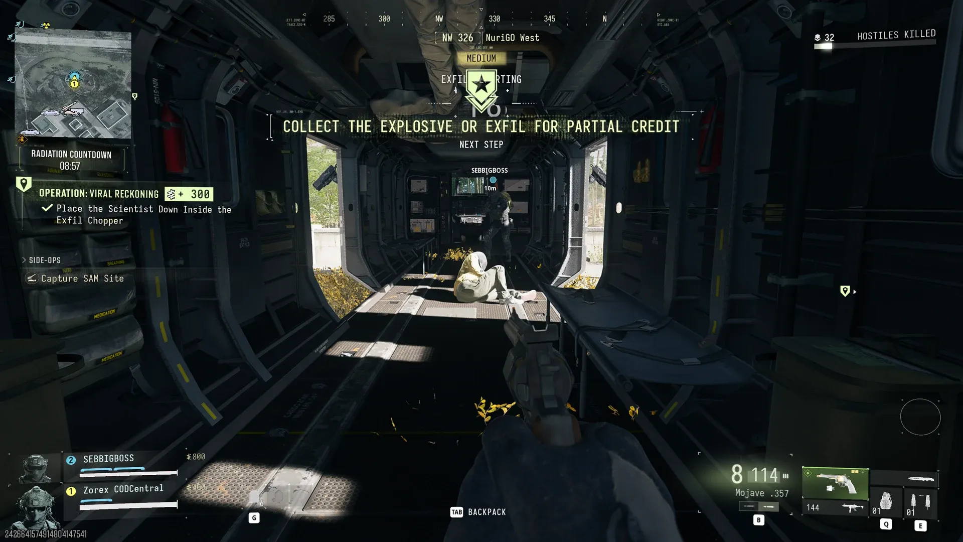 MW4 DMZ Viral Reckoning next step banner Collect the Explosive or Exfil for Partial Credit inside the exfil chopper