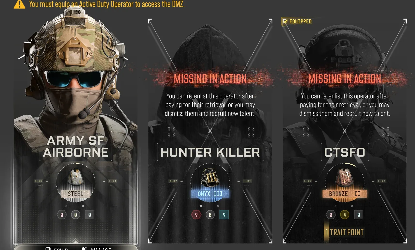 MW4 DMZ Operators station with two Operators Missing In Action, an Onyx III Hunter Killer and a Bronze II CTSFO, next to an active Army SF Airborne