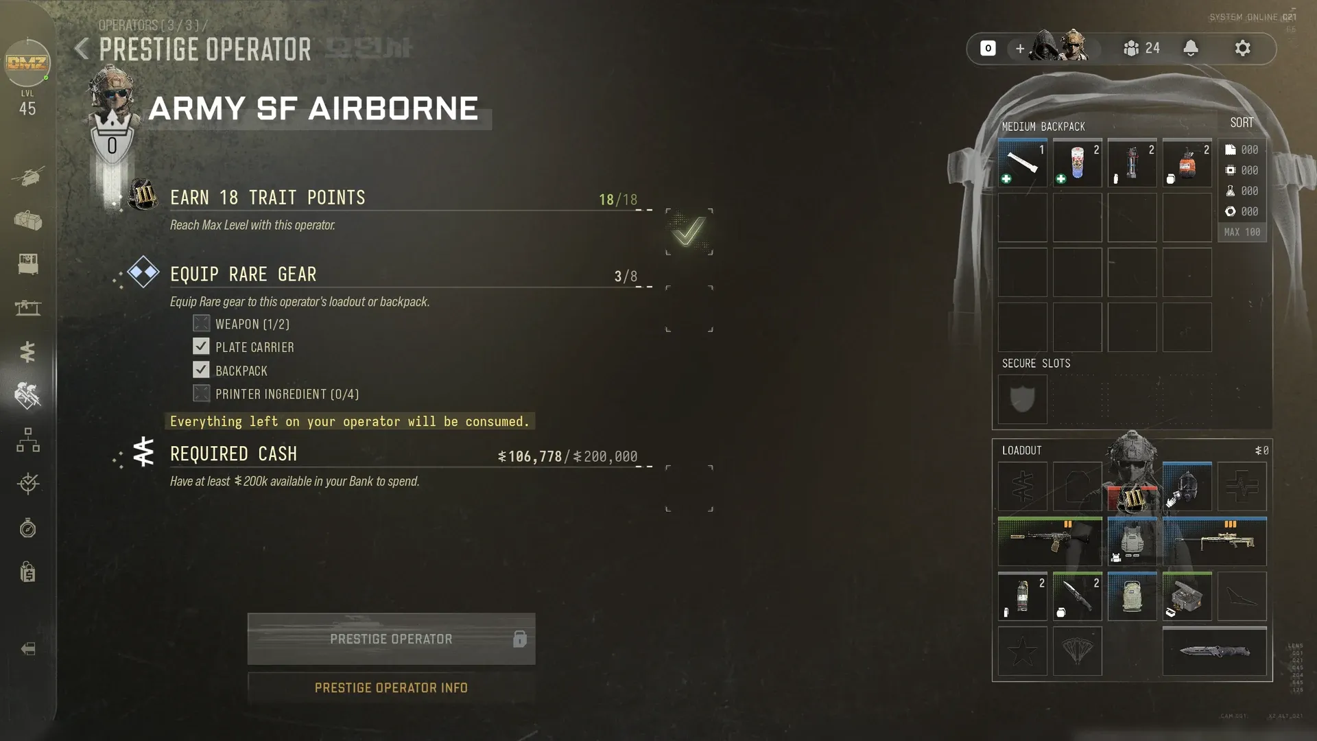 MW4 DMZ Prestige Operator screen with the requirements: 18 Trait Points, Rare gear and 200,000 cash