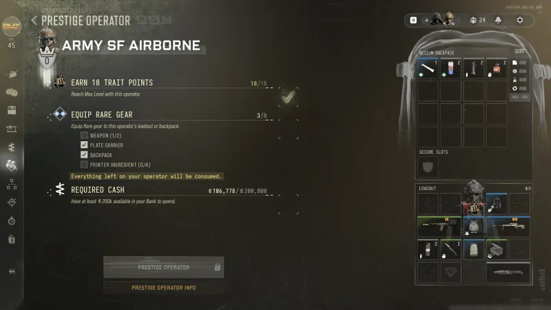 MW4 DMZ Prestige Operator screen with the requirements: 18 Trait Points, Rare gear and 200,000 cash