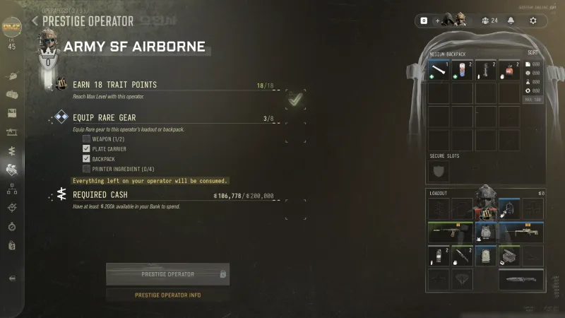 MW4 DMZ Prestige Operator screen with the requirements: 18 Trait Points, Rare gear and 200,000 cash