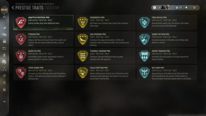 MW4 DMZ Prestige Traits screen with twelve Pro traits across the Warfighter, Scout and Survivalist trees