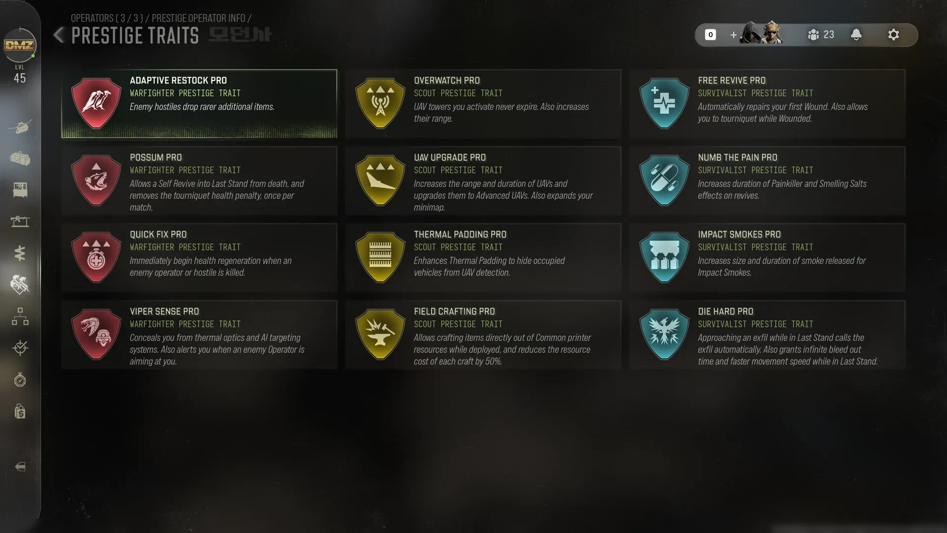 MW4 DMZ Prestige Traits screen with twelve Pro traits across the Warfighter, Scout and Survivalist trees