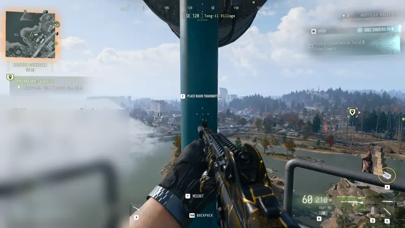 MW4 DMZ top of a Lieutenant Hunt Tower with the Place Radio Transmitter prompt and the Triangulation order at 0 of 2