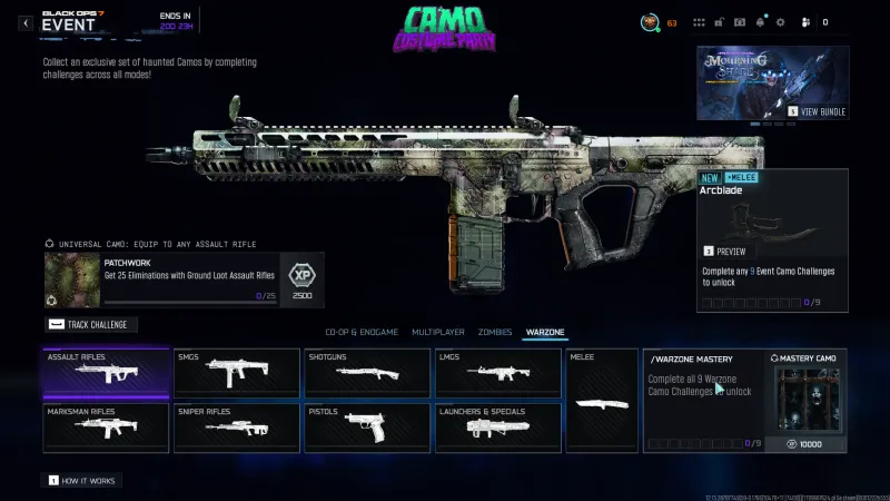 The Patchwork camo from the Camo Costume Party event on an assault rifle in Black Ops 7, stitched green and pink fabric