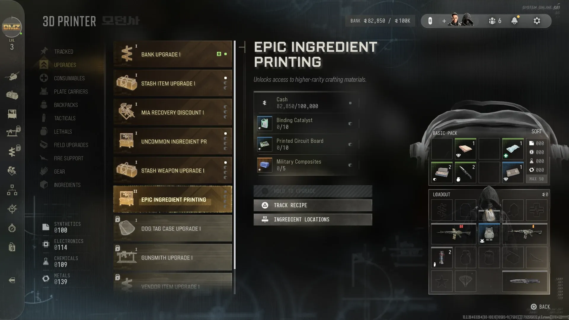 MW4 DMZ Epic Ingredient Printing recipe costing 100,000 cash, 10 Binding Catalyst, 10 Printed Circuit Board and 5 Military Composites