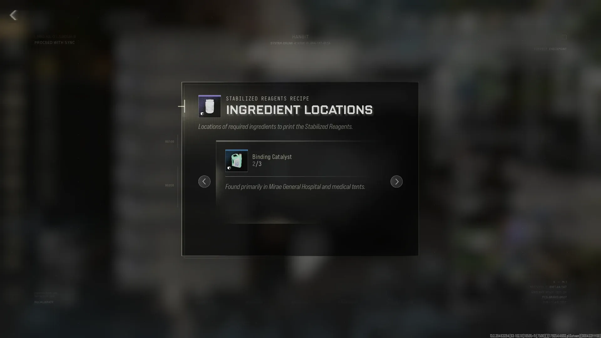 MW4 DMZ 3D Printer Ingredient Locations panel for Stabilized Reagents showing Binding Catalyst 2 of 3 found in Mirae General Hospital and medical tents