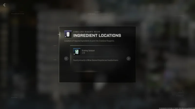 MW4 DMZ 3D Printer Ingredient Locations panel for Stabilized Reagents showing Binding Catalyst 2 of 3 found in Mirae General Hospital and medical tents