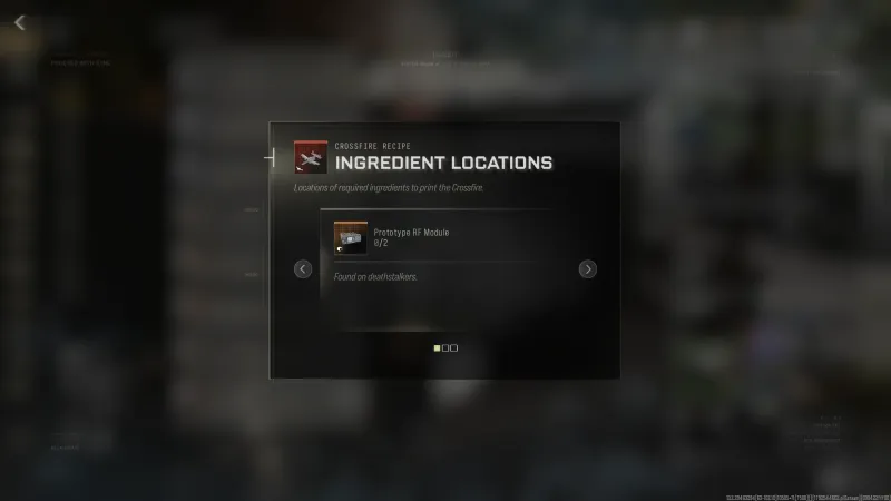 MW4 DMZ Ingredient Locations panel for Crossfire showing Prototype RF Module 0 of 2 found on deathstalkers