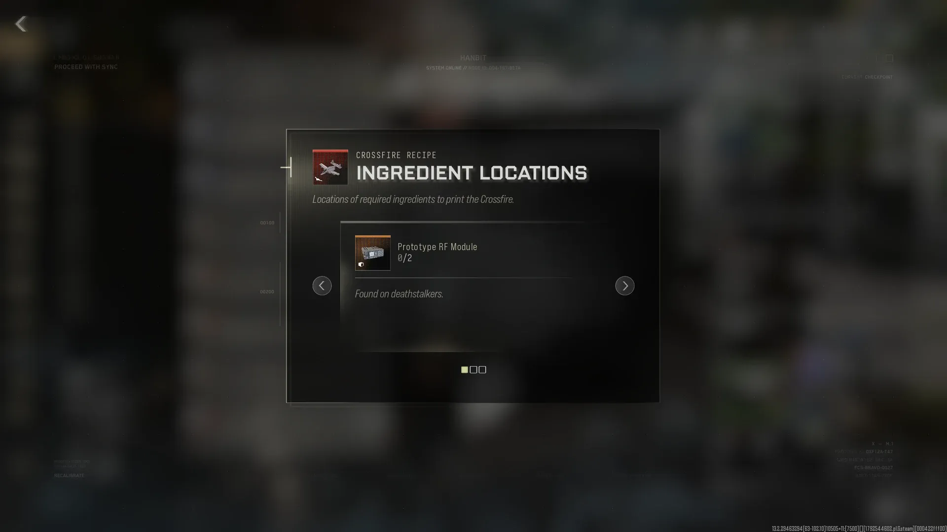 MW4 DMZ Ingredient Locations panel for Crossfire showing Prototype RF Module 0 of 2 found on deathstalkers