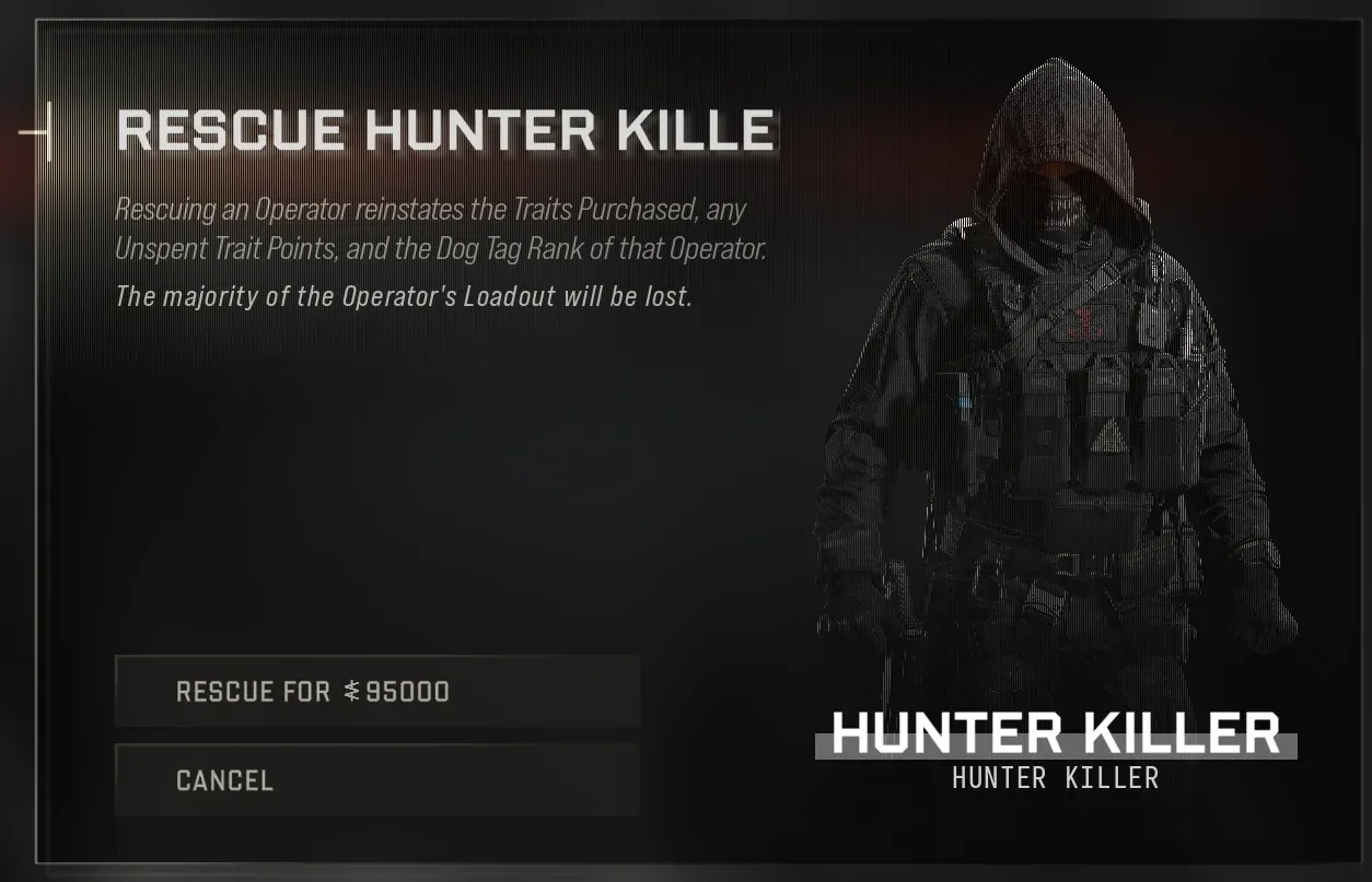 MW4 DMZ rescue dialog for our Onyx III Hunter Killer Operator asking 95,000 cash with the MIA Recovery Discount