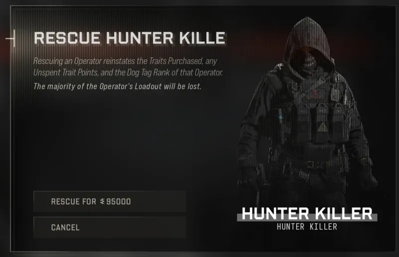MW4 DMZ rescue dialog for our Onyx III Hunter Killer Operator asking 95,000 cash with the MIA Recovery Discount