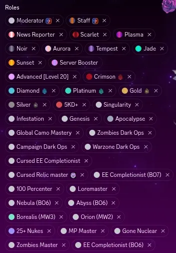 Discord profile showing 40+ unlocked achievement roles including mastery camos, ranked divisions, Dark Ops, and nuclear medals