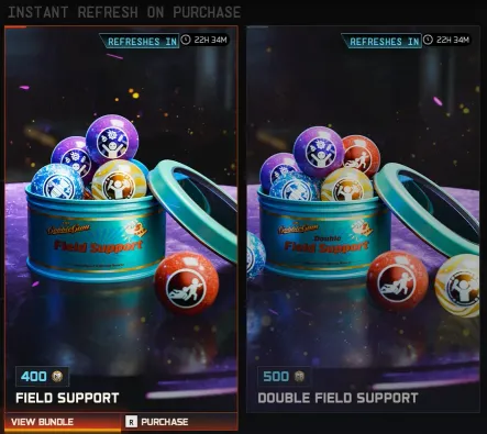 BO7 Zombies store row Instant refresh on purchase with the Field Support GobbleGum bundle for 400 COD Points and Double Field Support for 500