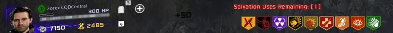 The same HUD after the Mask of Salvation revive, back at 300 health with nine perks left, Wisp Tea gone from the row and the Salvation counter down to one use