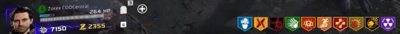 Ten perks on the HUD at 264 health moments before going down in Black Ops 7 Zombies, with the Wisp Tea icon first in the row