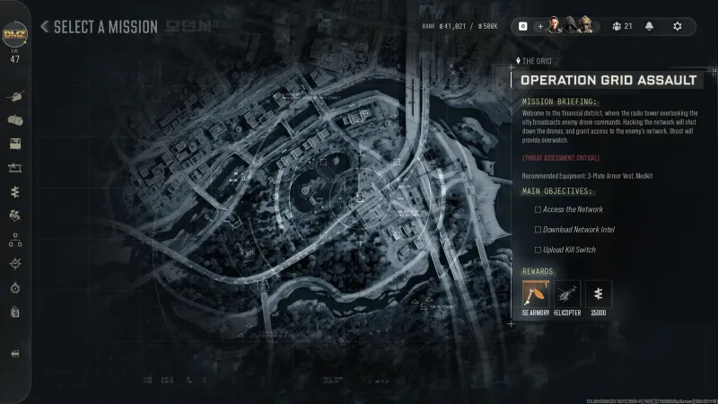 MW4 DMZ Select a Mission screen with Operation Grid Assault in The Grid, CRITICAL threat, objectives and rewards