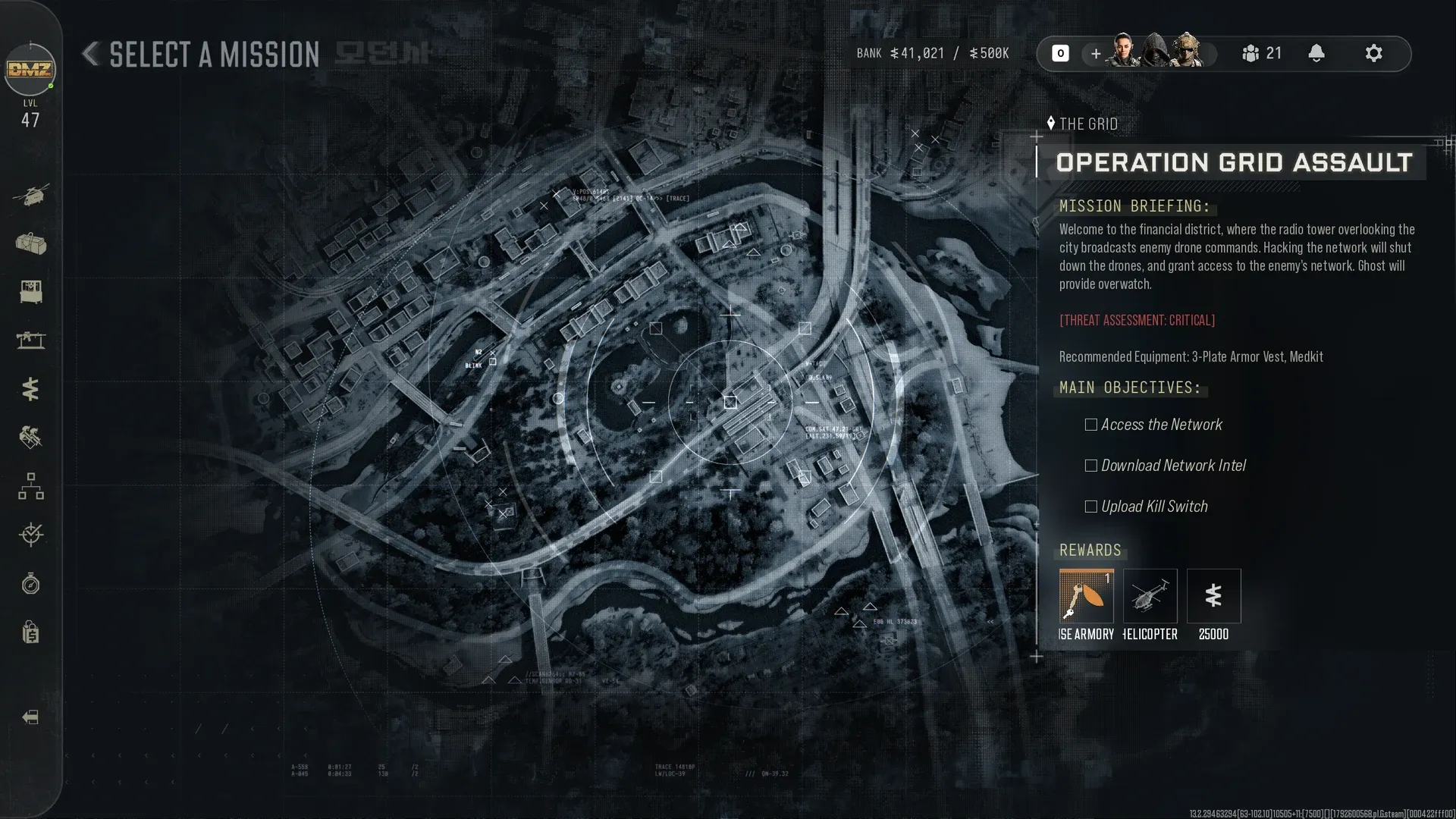 MW4 DMZ Select a Mission screen with Operation Grid Assault in The Grid, CRITICAL threat, objectives and rewards