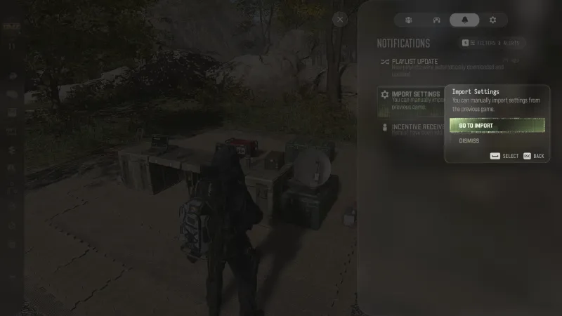 MW4 Import Settings notification with the Go To Import option