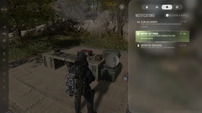 MW4 notifications panel with the Import Settings notification
