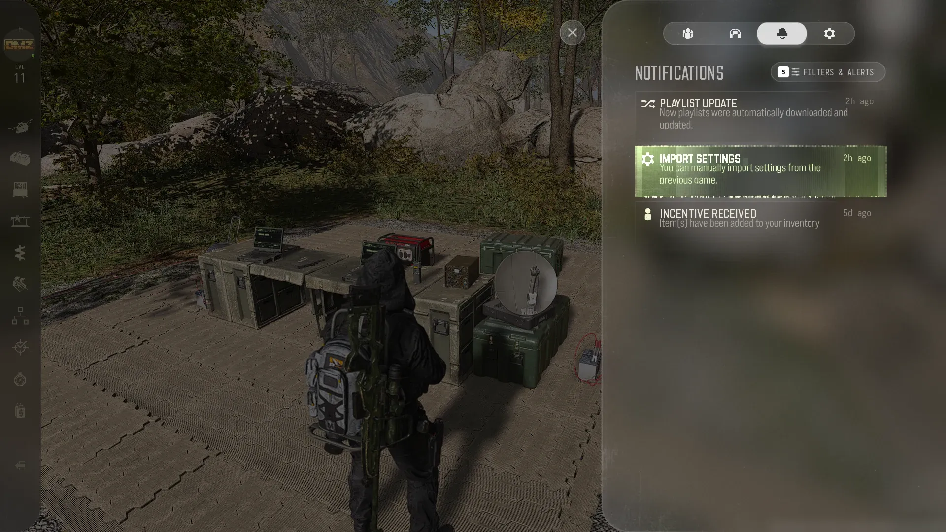 MW4 notifications panel with the Import Settings notification
