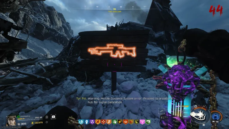 The Shadow sniper rifle wall buy location on Totenreich near Tyr's Shoulder showing the orange weapon outline
