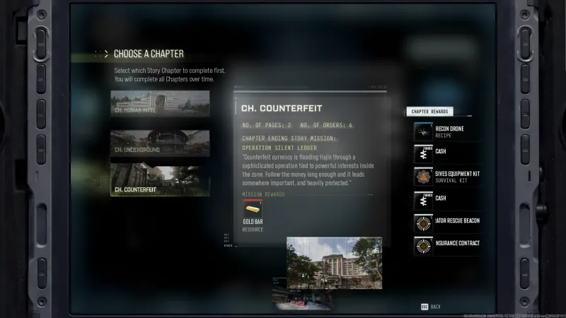 Choose a Chapter screen in MW4 DMZ with Ch. Counterfeit selected and Operation Silent Ledger as the chapter ending Story Mission